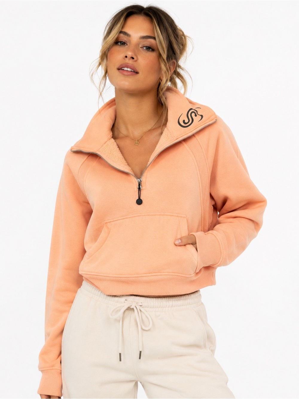 Peach Fleece Half Zip Pullover Sweatshirt Cropped Oversized Cozy Lounge Small